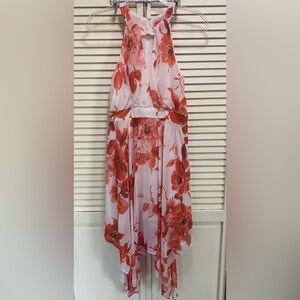 Betsy Johnson Sheer White Orange‎ Floral Asymmetrical Empire Waist Dress Size 4